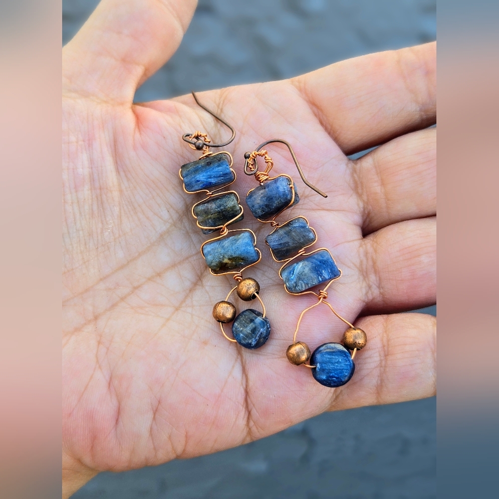 Natural Blue Kyanite Handwoven Ladder In Massai Style Earrings In Antique Copper - Picture 6 of 9